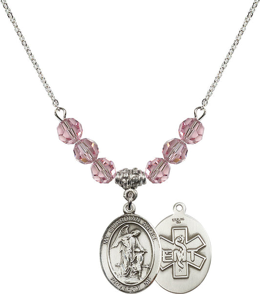 Sterling Silver Guardian Angel / EMT Birthstone Necklace with Light Rose Beads - 8118