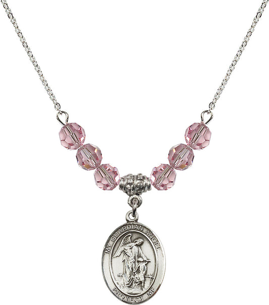 Sterling Silver Guardian Angel w/Child Birthstone Necklace with Light Rose Beads - 8118