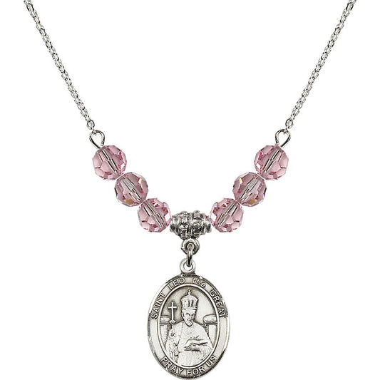 Sterling Silver Saint Leo the Great Birthstone Necklace with Light Rose Beads - 8120