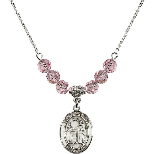 Sterling Silver Saint Valentine of Rome Birthstone Necklace with Light Rose Beads - 8121