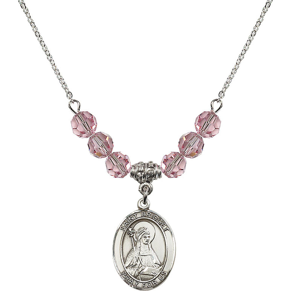 Sterling Silver Saint Bridget of Sweden Birthstone Necklace with Light Rose Beads - 8122