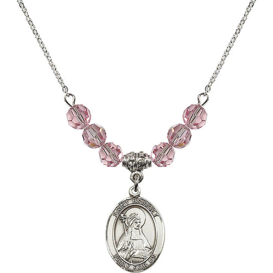 Sterling Silver Saint Bridget of Sweden Birthstone Necklace with Light Rose Beads - 8122