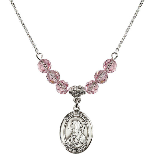 Sterling Silver Saint Brigid of Ireland Birthstone Necklace with Light Rose Beads - 8123