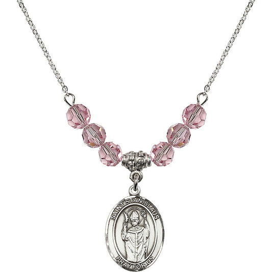 Sterling Silver Saint Stanislaus Birthstone Necklace with Light Rose Beads - 8124
