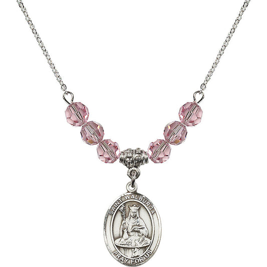 Sterling Silver Saint Walburga Birthstone Necklace with Light Rose Beads - 8126