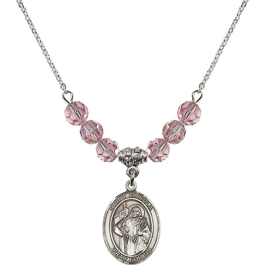 Sterling Silver Saint Ursula Birthstone Necklace with Light Rose Beads - 8127