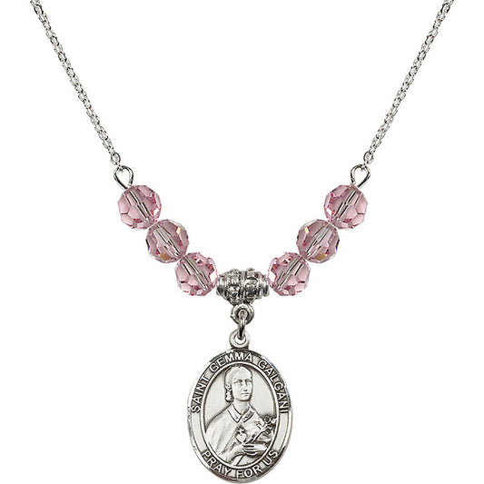 Sterling Silver Saint Gemma Galgani Birthstone Necklace with Light Rose Beads - 8130