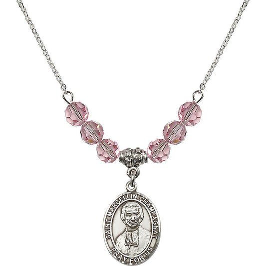 Sterling Silver Saint Marcellin Champagnat Birthstone Necklace with Light Rose Beads - 8131