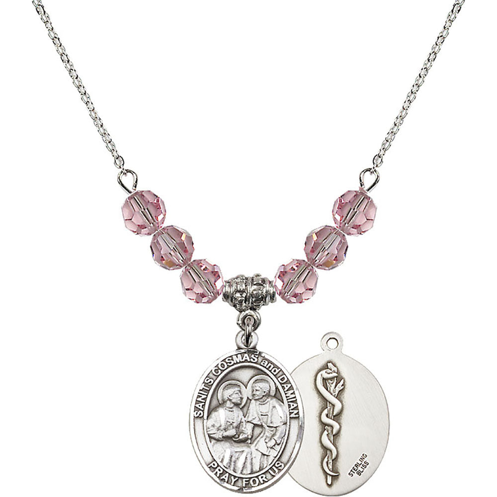 Sterling Silver Saints Cosmas & Damian / Doctors Birthstone Necklace with Light Rose Beads - 8132