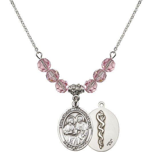 Sterling Silver Saints Cosmas & Damian / Doctors Birthstone Necklace with Light Rose Beads - 8132