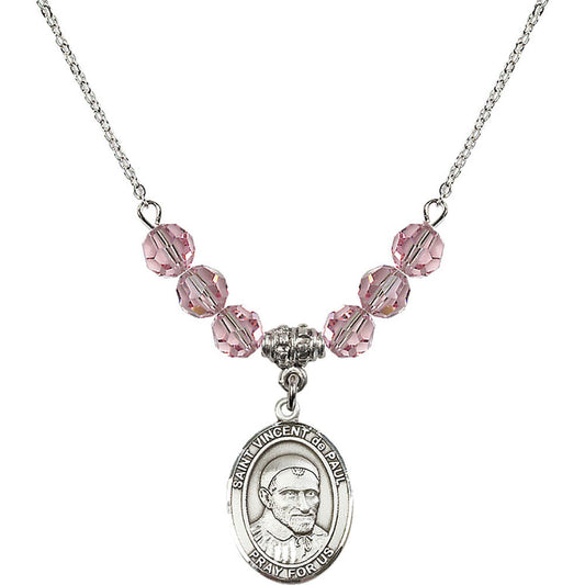 Sterling Silver Saint Vincent De Paul Birthstone Necklace with Light Rose Beads - 8134