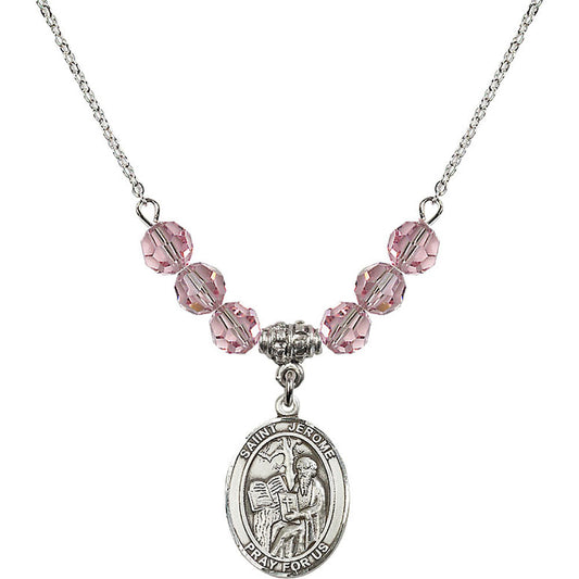 Sterling Silver Saint Jerome Birthstone Necklace with Light Rose Beads - 8135