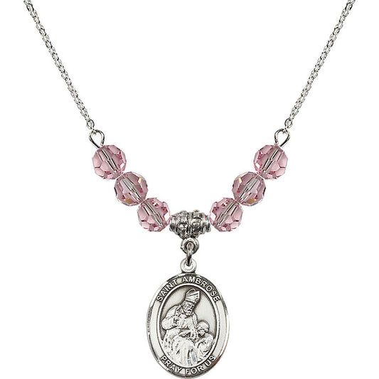 Sterling Silver Saint Ambrose Birthstone Necklace with Light Rose Beads - 8137