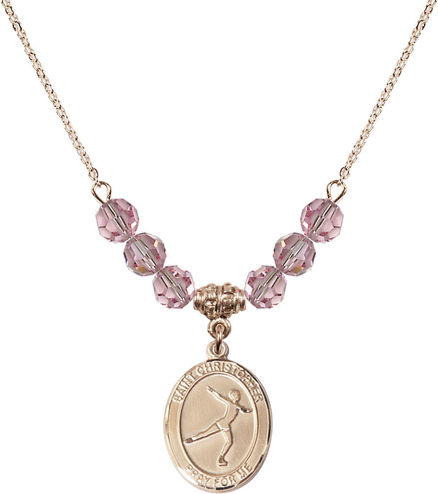 14kt Gold Filled Saint Christopher/Figure Skating Birthstone Necklace with Light Rose Beads - 8139