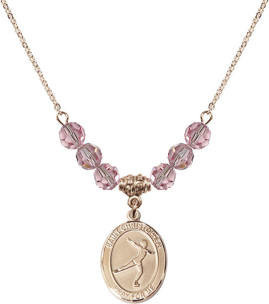 14kt Gold Filled Saint Christopher/Figure Skating Birthstone Necklace with Light Rose Beads - 8139