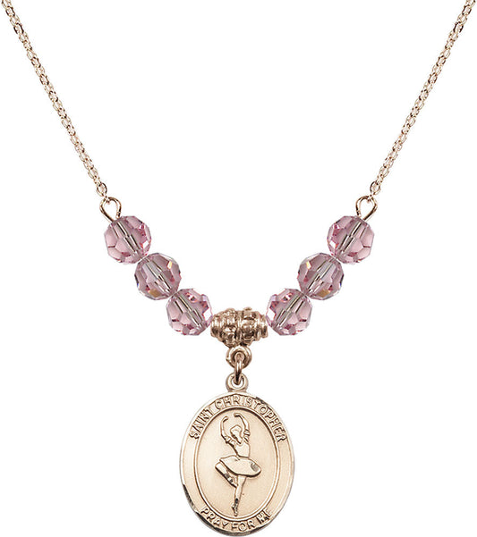 14kt Gold Filled Saint Christopher/Dance Birthstone Necklace with Light Rose Beads - 8143