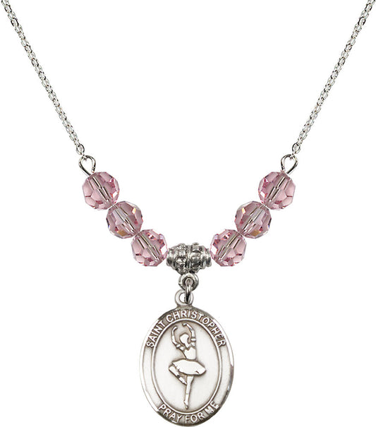 Sterling Silver Saint Christopher/Dance Birthstone Necklace with Light Rose Beads - 8143