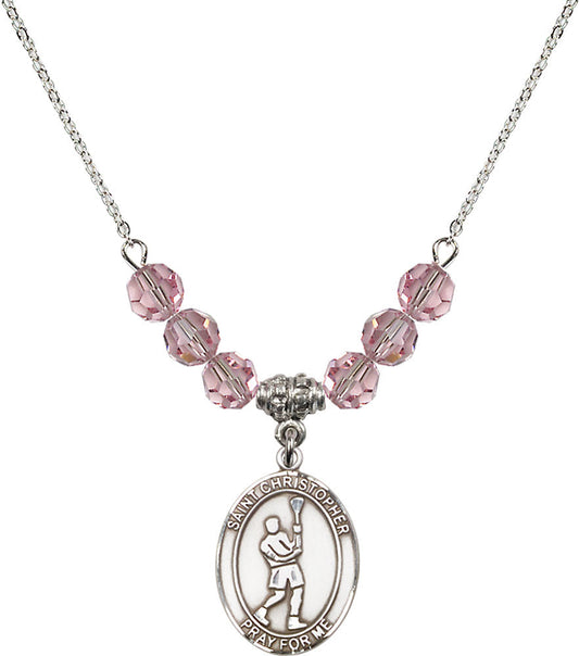 Sterling Silver Saint Christopher/Lacrosse Birthstone Necklace with Light Rose Beads - 8144