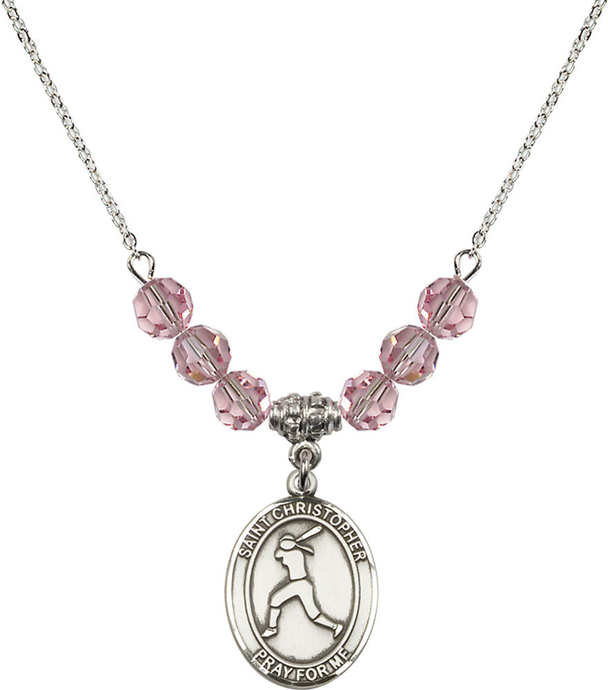 Sterling Silver Saint Christopher/Softball Birthstone Necklace with Light Rose Beads - 8145