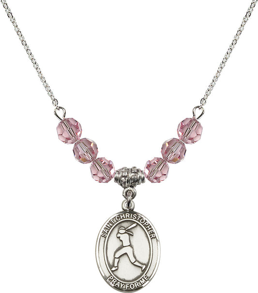 Sterling Silver Saint Christopher/Softball Birthstone Necklace with Light Rose Beads - 8145