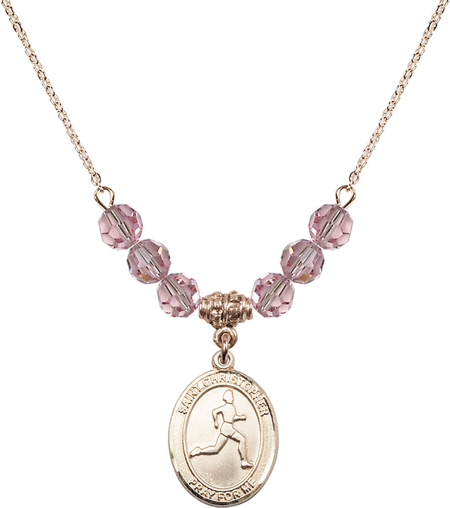 14kt Gold Filled Saint Christopher/Track & Field Birthstone Necklace with Light Rose Beads - 8149