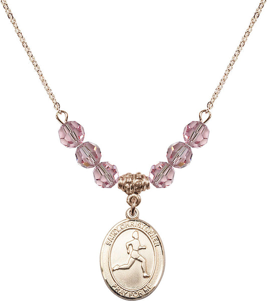 14kt Gold Filled Saint Christopher/Track & Field Birthstone Necklace with Light Rose Beads - 8149