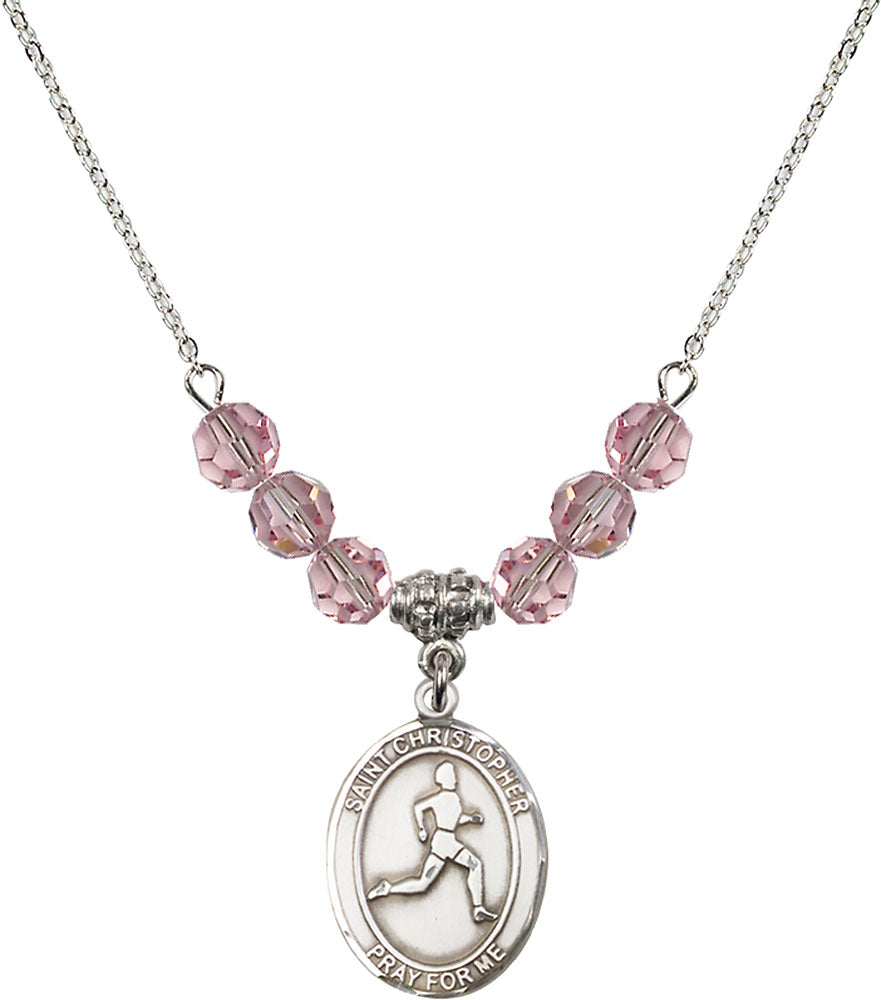 Sterling Silver Saint Christopher/Track & Field Birthstone Necklace with Light Rose Beads - 8149