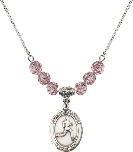 Sterling Silver Saint Christopher/Track & Field Birthstone Necklace with Light Rose Beads - 8149
