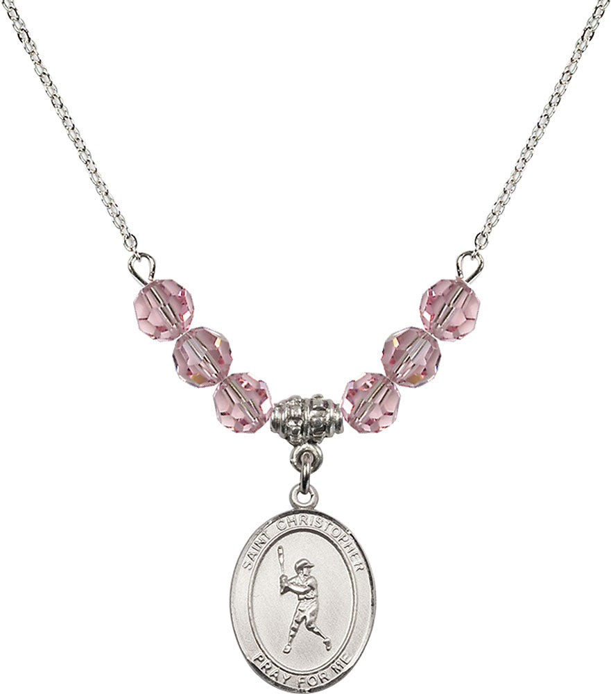 Sterling Silver Saint Christopher/Baseball Birthstone Necklace with Light Rose Beads - 8150