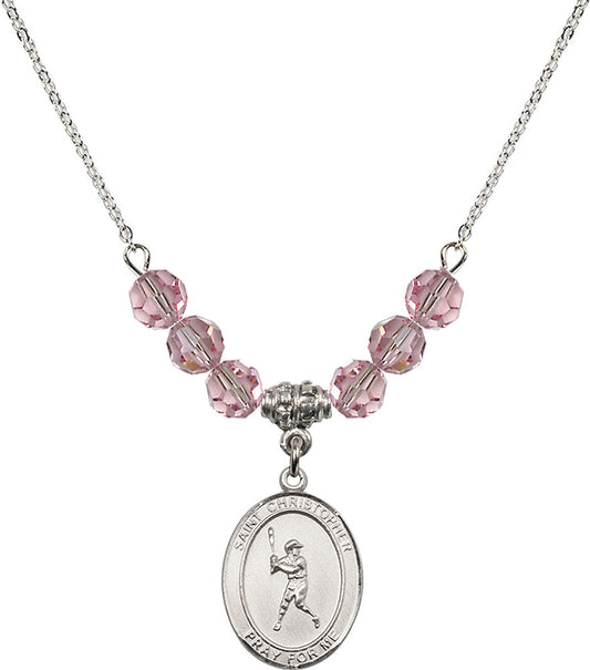 Sterling Silver Saint Christopher/Baseball Birthstone Necklace with Light Rose Beads - 8150