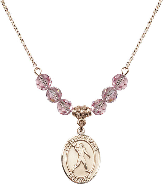 14kt Gold Filled Saint Christopher/Football Birthstone Necklace with Light Rose Beads - 8151