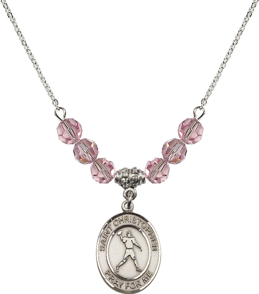 Sterling Silver Saint Christopher/Football Birthstone Necklace with Light Rose Beads - 8151