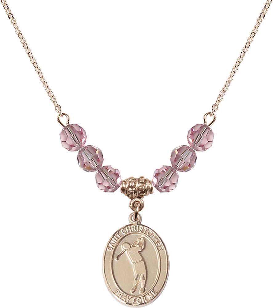 14kt Gold Filled Saint Christopher/Golf Birthstone Necklace with Light Rose Beads - 8152
