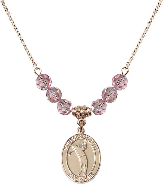 14kt Gold Filled Saint Christopher/Golf Birthstone Necklace with Light Rose Beads - 8152
