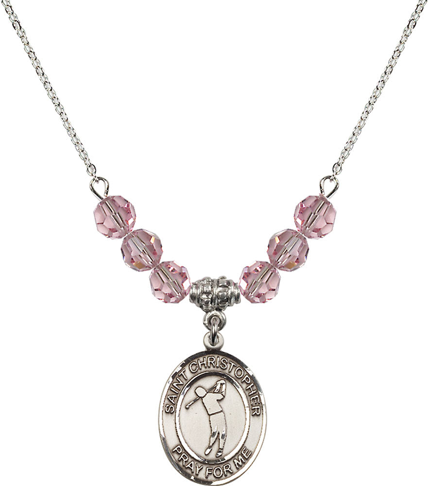Sterling Silver Saint Christopher/Golf Birthstone Necklace with Light Rose Beads - 8152