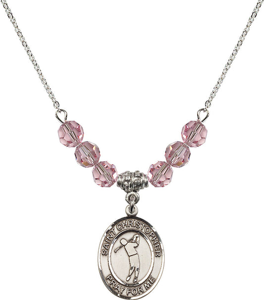 Sterling Silver Saint Christopher/Golf Birthstone Necklace with Light Rose Beads - 8152