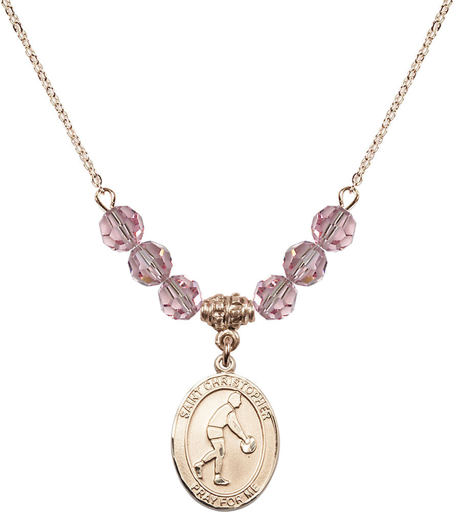 14kt Gold Filled Saint Christopher/Basketball Birthstone Necklace with Light Rose Beads - 8153