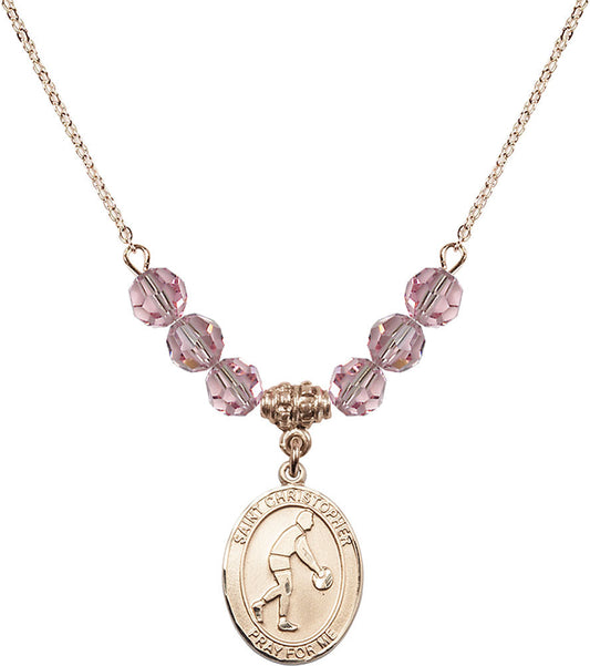 14kt Gold Filled Saint Christopher/Basketball Birthstone Necklace with Light Rose Beads - 8153