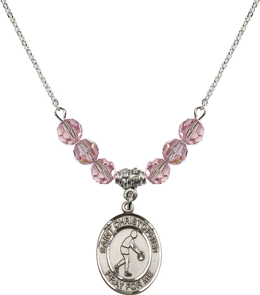 Sterling Silver Saint Christopher/Basketball Birthstone Necklace with Light Rose Beads - 8153