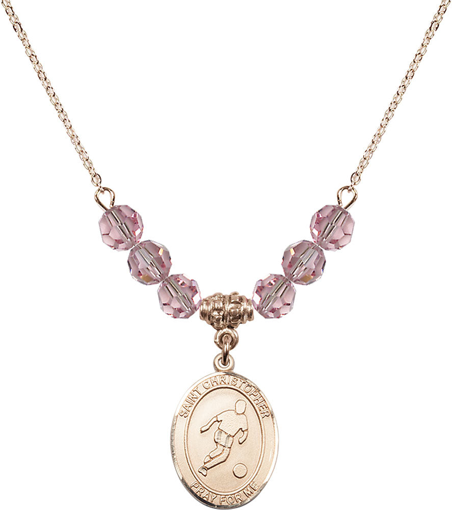 14kt Gold Filled Saint Christopher/Soccer Birthstone Necklace with Light Rose Beads - 8154
