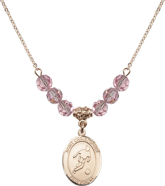 14kt Gold Filled Saint Christopher/Soccer Birthstone Necklace with Light Rose Beads - 8154
