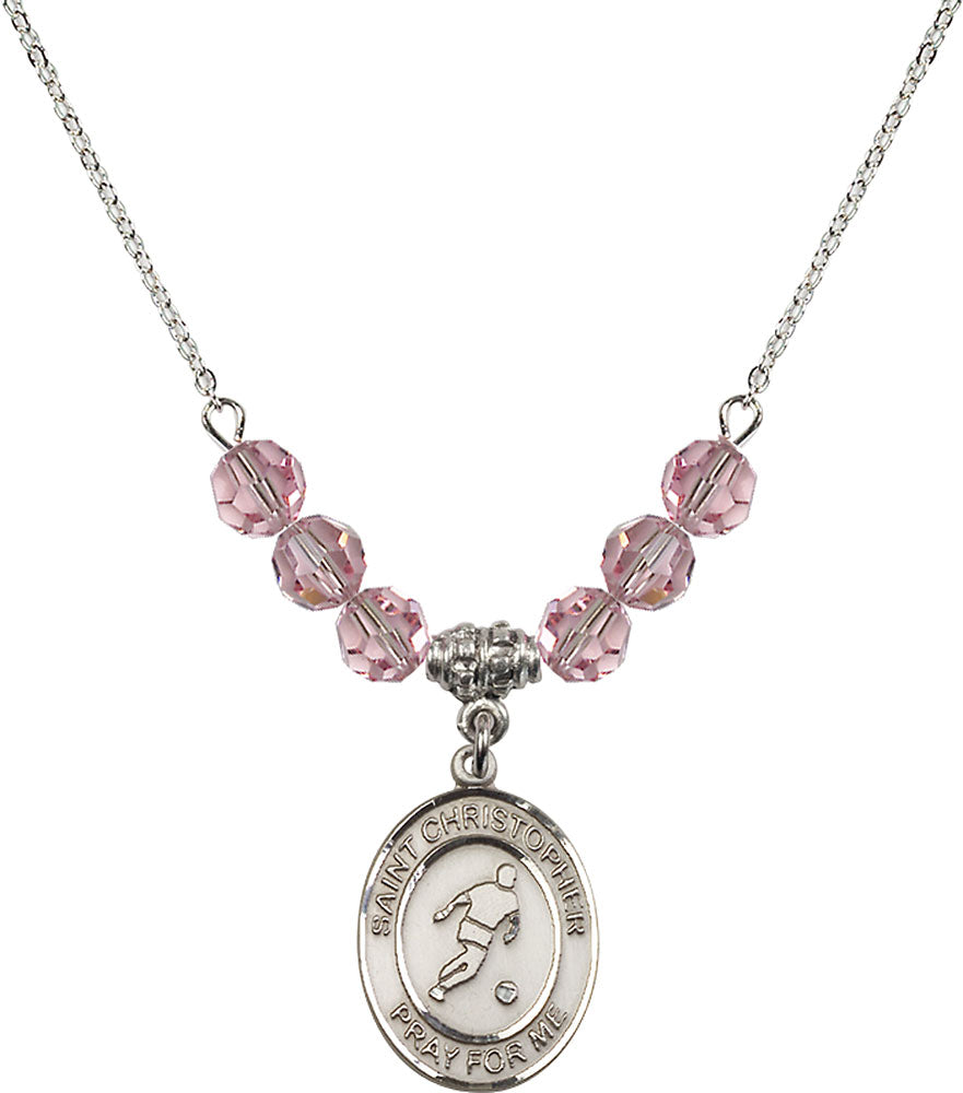 Sterling Silver Saint Christopher/Soccer Birthstone Necklace with Light Rose Beads - 8154