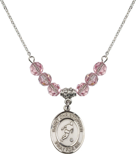 Sterling Silver Saint Christopher/Soccer Birthstone Necklace with Light Rose Beads - 8154
