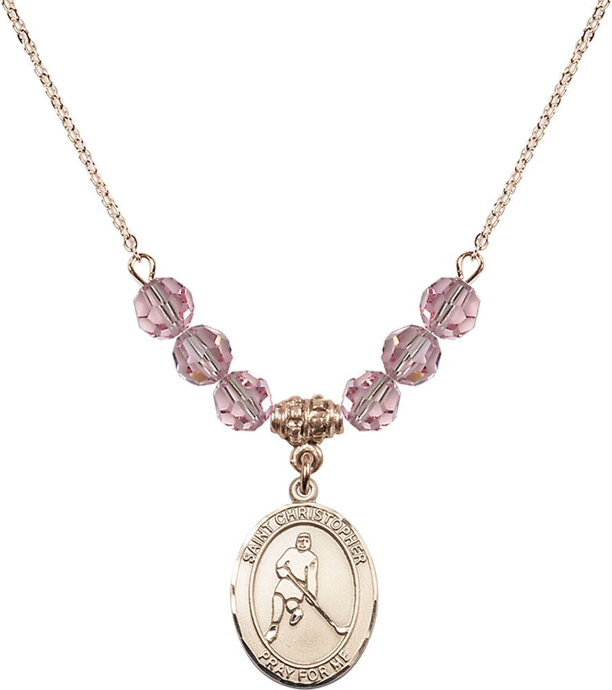14kt Gold Filled Saint Christopher/Ice Hockey Birthstone Necklace with Light Rose Beads - 8155