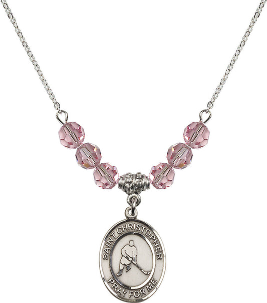Sterling Silver Saint Christopher/Ice Hockey Birthstone Necklace with Light Rose Beads - 8155