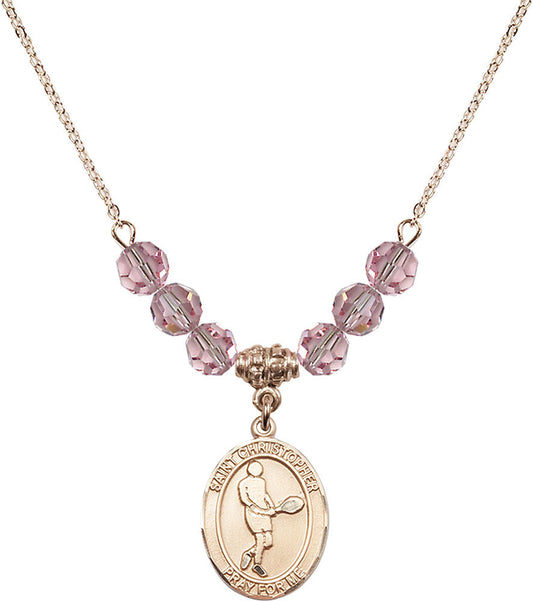 14kt Gold Filled Saint Christopher/Tennis Birthstone Necklace with Light Rose Beads - 8156