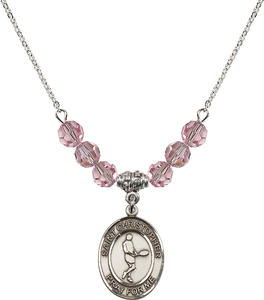 Sterling Silver Saint Christopher/Tennis Birthstone Necklace with Light Rose Beads - 8156