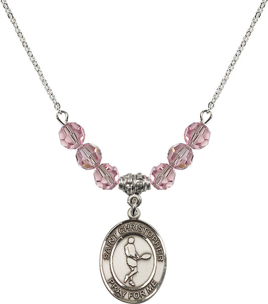 Sterling Silver Saint Christopher/Tennis Birthstone Necklace with Light Rose Beads - 8156
