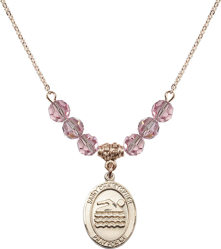 14kt Gold Filled Saint Christopher/Swimming Birthstone Necklace with Light Rose Beads - 8157