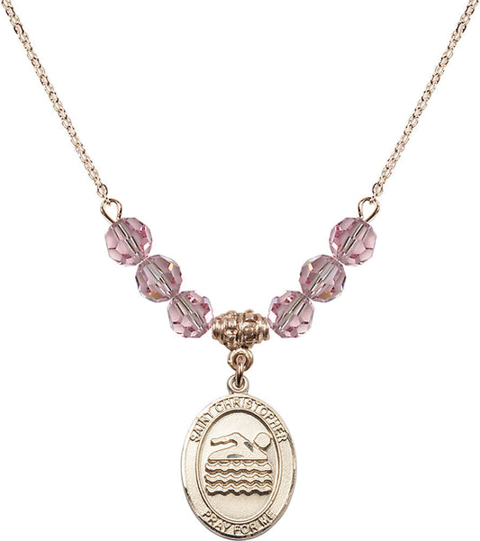 14kt Gold Filled Saint Christopher/Swimming Birthstone Necklace with Light Rose Beads - 8157